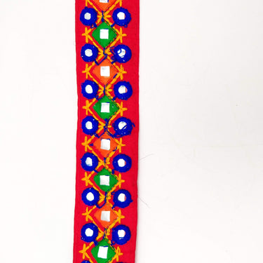 Red Multicoloured Indian Mirror Trim Kutch Embroidered Navratri Garba Dress Trim Bridal Lace, Indian Sari Border 36 mm Wide Trim Per Yard